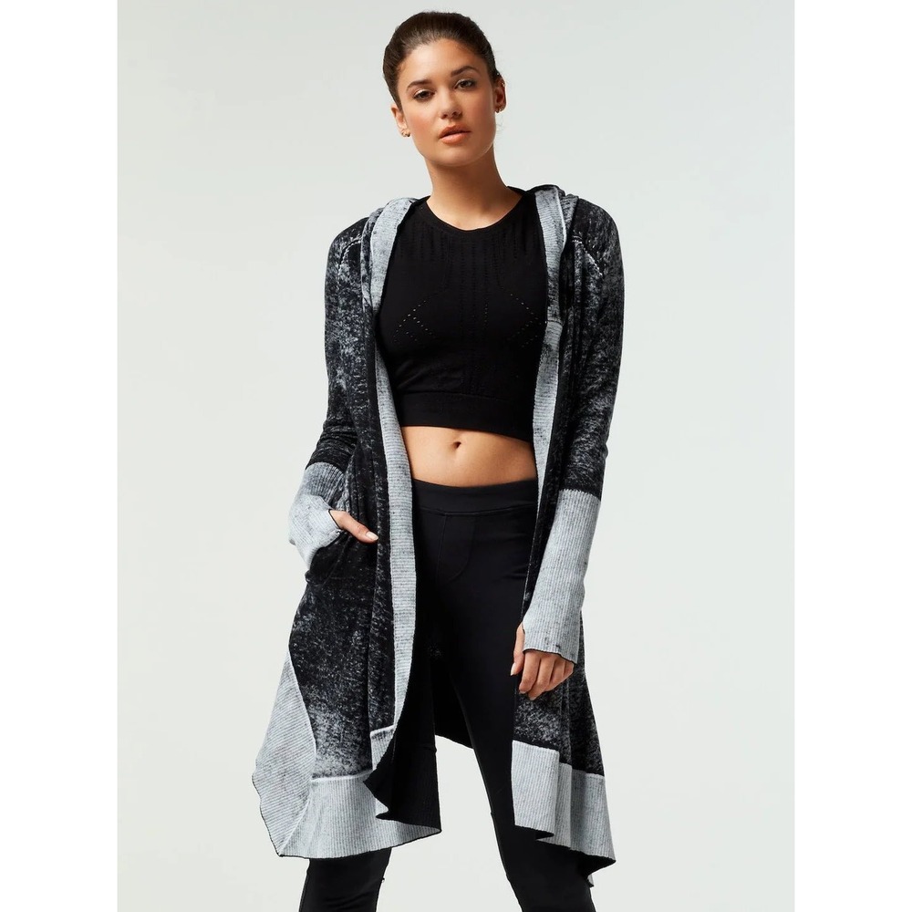 Blanc‎ Noir Black White Acid Wash Hooded Cardigan Longline Sweater  - S